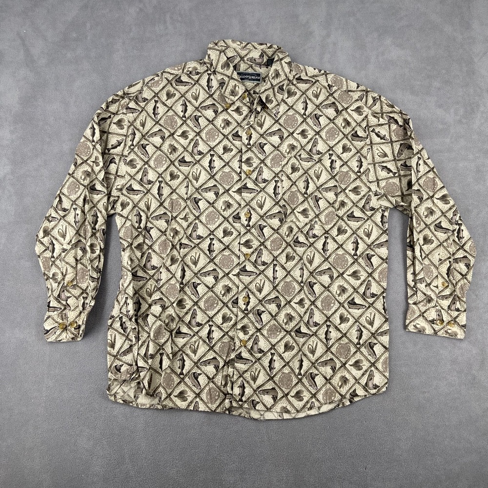 Field & Stream Casual Shirt Mens‎ 2XL Multicolor Fish Print Gorpcore Button Down